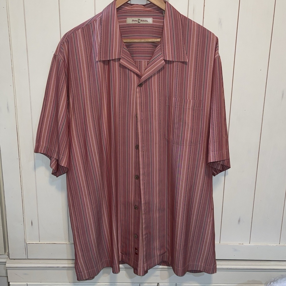 Tommy Bahama 100% Silk Striped Button Up Shirt Mens SS Summer XL Pocket